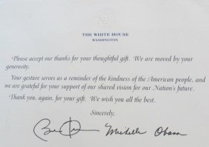 Thank you letter from the President and his wife Michelle Obama